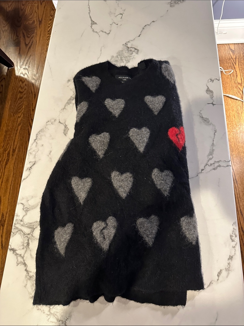 All Saints Black Knit Dress with Gray Hearts and Red Accent